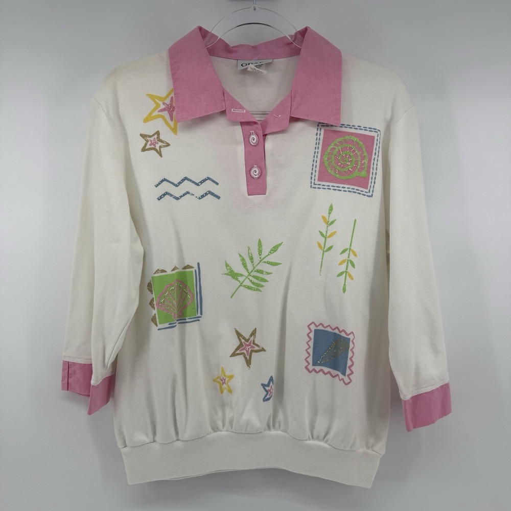 VTG 90s Beach Coastal Preppy White Pink Graff Collared Sweater Top Grandmacore - Picture 7 of 16